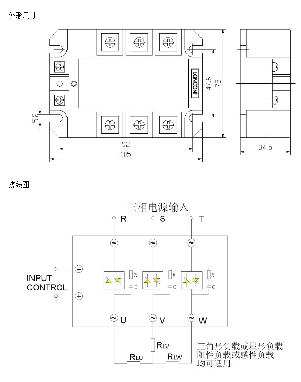 晶谷JG-系列三相交流固态继电器,为三刀单掷常开式结构,是集三只单相交流固态继电器为一体,并以单一输入控制端对三相负载进行开或关的切换,可方便地控制三相交流电机、加热器等三相负载。继电器输入输出光电隔离,内置RC吸收回路,LED显示工作状态。继电器工作电压36-430VAC,负载输出端电流等级及型号如下表: